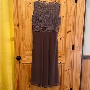 Positive Attitude Light Brown/Tan Satin Maxi Dress, lace bodice, Size 14
